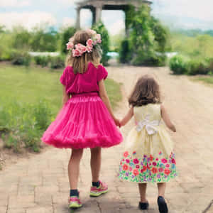 Happy Cute Sisters Holding Hands While Walking Wallpaper