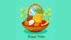 Happy Vishu Fruit Basket Teal Wallpaper