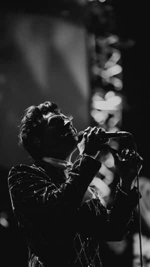Harry Styles Black And White Background On Stage Wallpaper