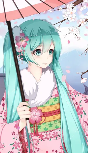 Hatsune Miku In Japanese Spring Yukata Phone Wallpaper