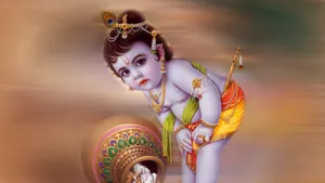 Hindu God Krishna With A Copper Vessel Wallpaper