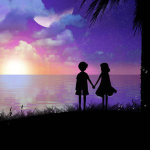 Holding Hands Anime Kids In Purple Sky Wallpaper