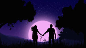 Holding Hands Silhouette In Purple Sky Digital Art Wallpaper