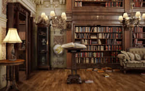 Home Library Bookcase Lamp Wallpaper