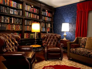 Home Library Lamp And Red Rug Wallpaper