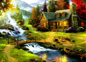 House In A Forest Painting Wallpaper