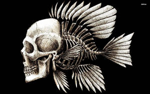 Human Skull With Fish Skeleton Wallpaper