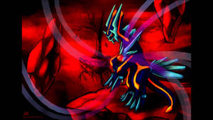 Imposing Red Dialga Standing By The Ruins Wallpaper