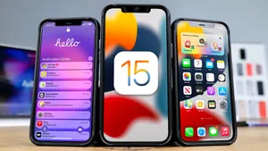 Iphone Models With Ios 15 Logo Wallpaper
