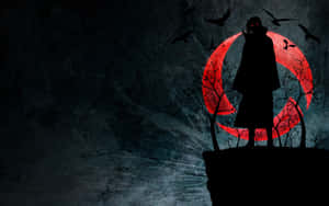 Itachi Aesthetic Standing With Glowing Sharingan Eyes And Sharingan Logo In Background Wallpaper