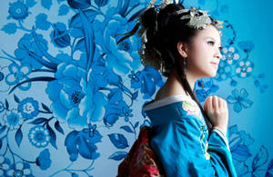 Japan Girl Blue Floral Aesthetic Wallpaper
