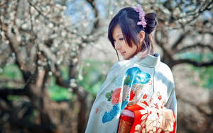 Japan Girl Kimono Back Wallpaper