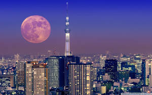 Japanese Aesthetic Tokyo Tower And Moon For Computer Wallpaper