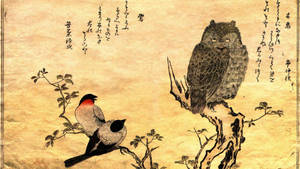 Japanese Art Of Owl And Birds Wallpaper