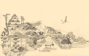 Japanese Drawing Of Traditional Town Wallpaper