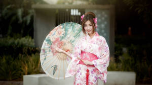 Japanese Girl With Floral Parasol Wallpaper