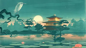 Japanese Lotus Pond Art Wallpaper