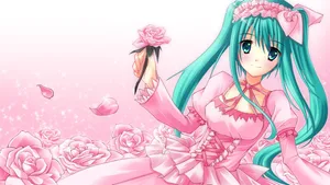 Kawaii Anime Hatsune Miku With Pink Dress And Roses Wallpaper