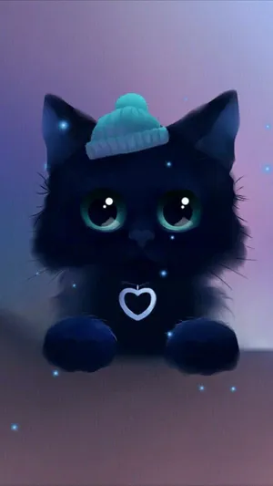 Kawaii Cat With Bonnet And Blue Heart Wallpaper