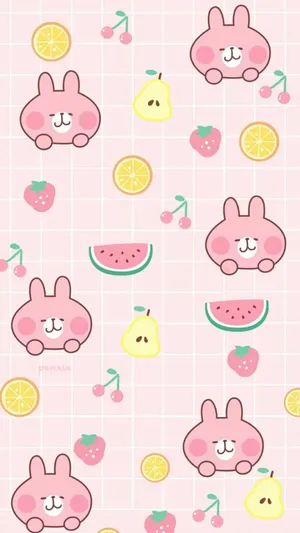 Kawaii Pink Rabbit And Fruits Collage Wallpaper