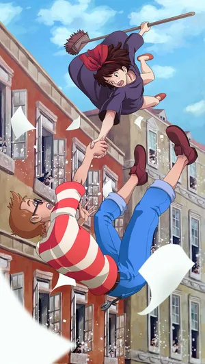 Kiki Flying High With Jiji On Her Broomstick Wallpaper
