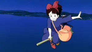 Kiki Taking Flight On Her Broom With Jiji, Her Black Cat Wallpaper