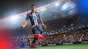 Kylian Mbappe Game Character Kicking Ball Wallpaper