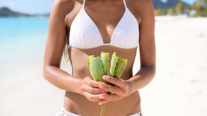 Lady Holding Aloe Very At Beach Wallpaper