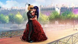 Ladybug And Cat Noir Kiss On Bridge Wallpaper