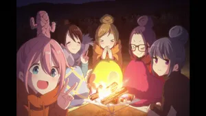 Laid Back Camp Characters Bonfire Photo Wallpaper