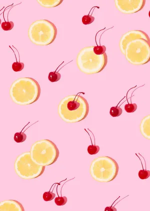 Lemonand Cherries Patternon Pink Wallpaper