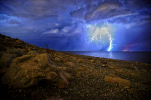 Lightning Storm Near Lake Shore Wallpaper