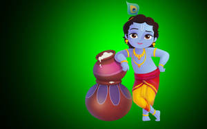 Little Krishna Hd Pots Of Butter Green Aesthetic Wallpaper