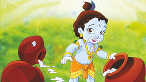 Little Krishna Hd Spilling Pots Of Butter Wallpaper