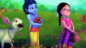 Little Krishna In Apple Farm Wallpaper