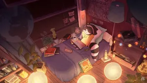 Lo Fi Sleepy Raccoon In Bed Wallpaper
