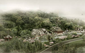 Lone Chinese House By River Wallpaper