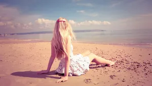 Long Blonde Haired Girl On Beach Wallpaper