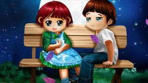 Love Cartoon Bench Couple Wallpaper