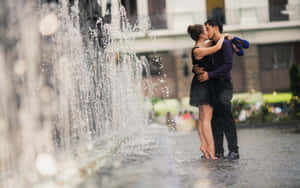 Love Kiss Fountain Glory Couple Wallpaper