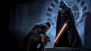 Luke Skywalker And Darth Vader Locked In An Epic Battle Of Good Versus Evil Wallpaper