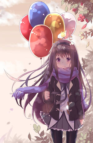 Madoka Magica Akemi Holding Balloons Wallpaper