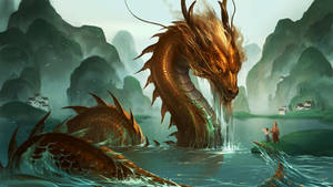 Majestic Bronze Japanese Water Dragon On A Pc Wallpaper