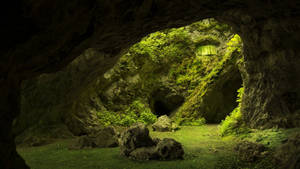 Majestic Green Cave Showcasing Nature's Artistry Wallpaper