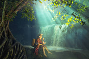 Majestic Serenity: Woman At A Beautiful Waterfall Wallpaper