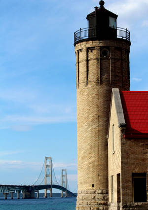 Majestic View Of The Mackinac Bridge With Lighthouse At Dusk Wallpaper