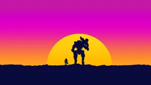 Man And Robot Gaming On Sunset Wallpaper