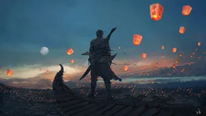 Man Looking At Sky Lanterns Art Wallpaper