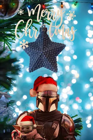 Mandalorian And Baby Yoda Christmas Portrait Wallpaper