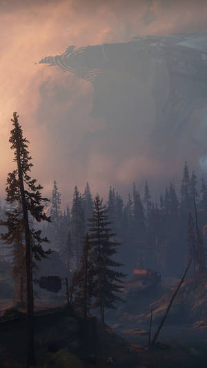 Massive Airship Foggy Forest Phone Wallpaper
